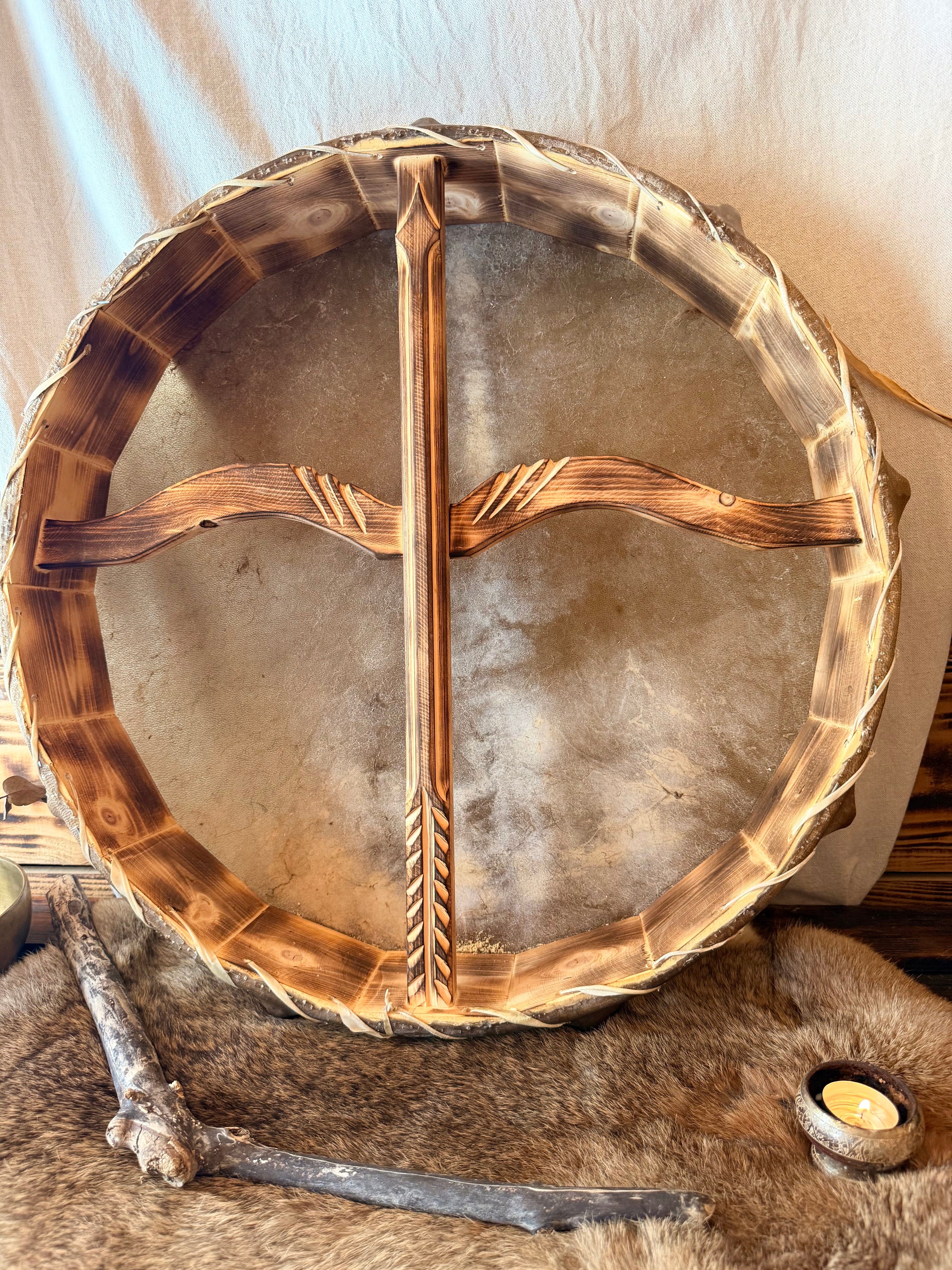 Tambour chamanique mongol en peau de chèvre